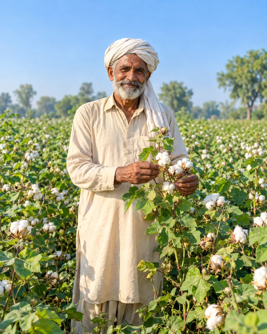 کپاس کے سرسبز کھیت میں پاکستانی کسان کی تمثیلی تصویر